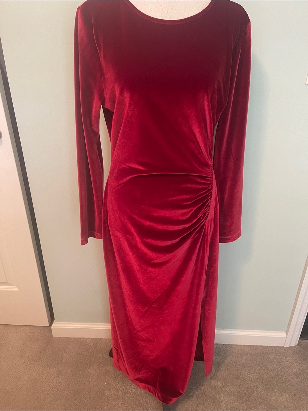 LOFT NWT Deep Red Velvet Midi Dress with Side Gather